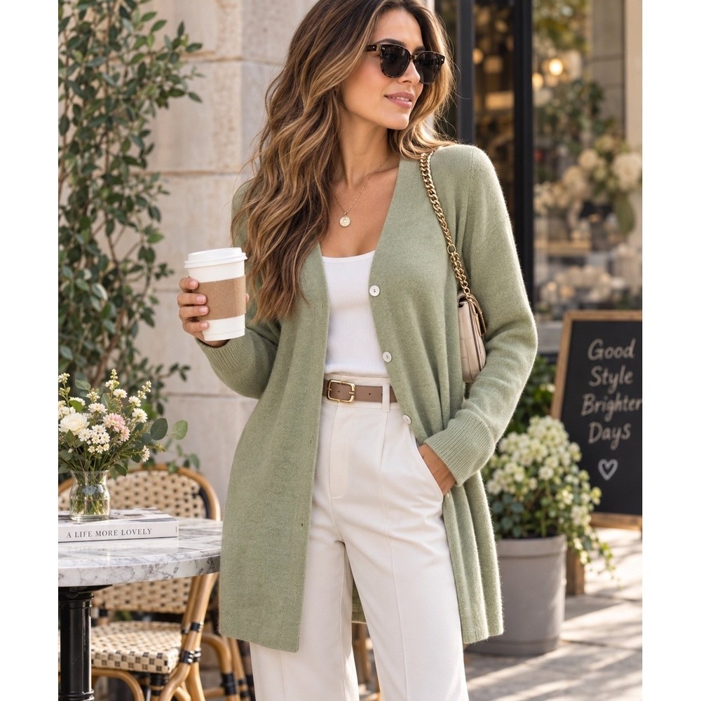 Neiman Marcus Cashmere Cardigan Women P Sage Green Longline V-Neck Sweater